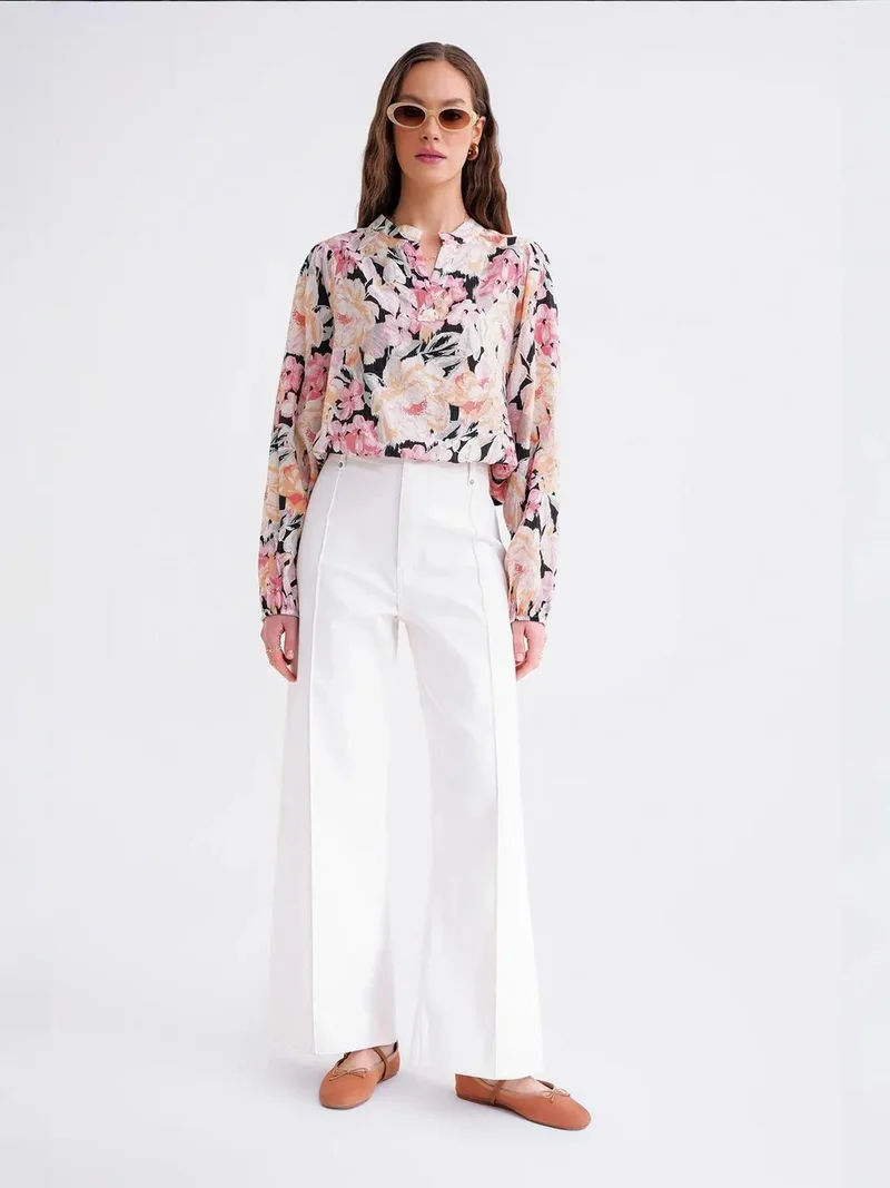 MixRay Powder Pink Floral Print Long Sleeve Mandarin Collar Blouse for Women | Best Price UAE