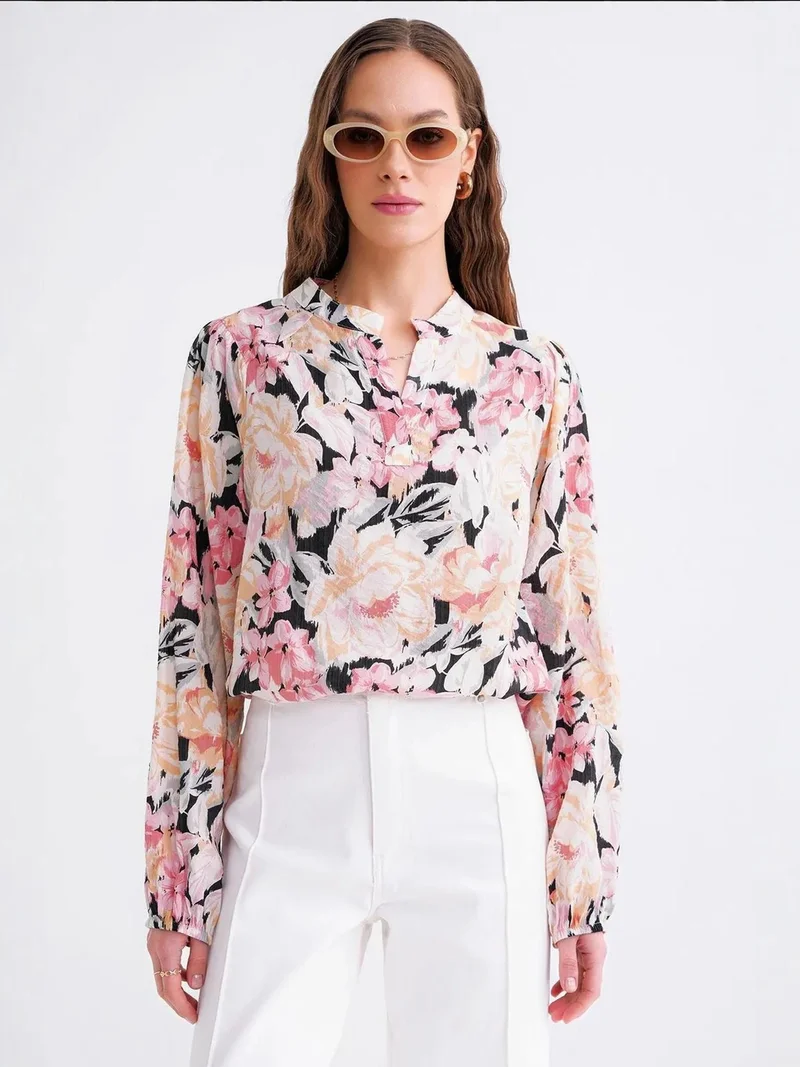 MixRay Powder Pink Floral Print Long Sleeve Mandarin Collar Blouse for Women | Best Price UAE