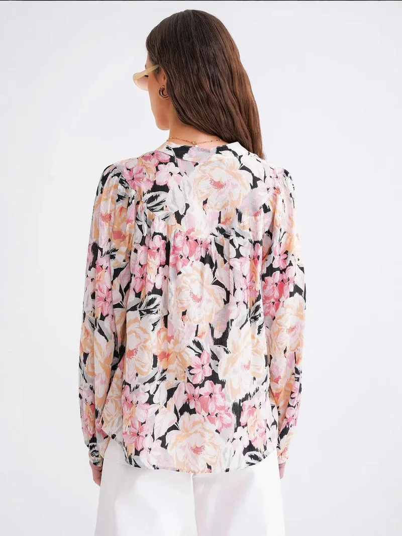MixRay Powder Pink Floral Print Long Sleeve Mandarin Collar Blouse for Women | Best Price UAE