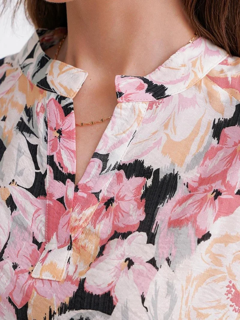 MixRay Powder Pink Floral Print Long Sleeve Mandarin Collar Blouse for Women | Best Price UAE