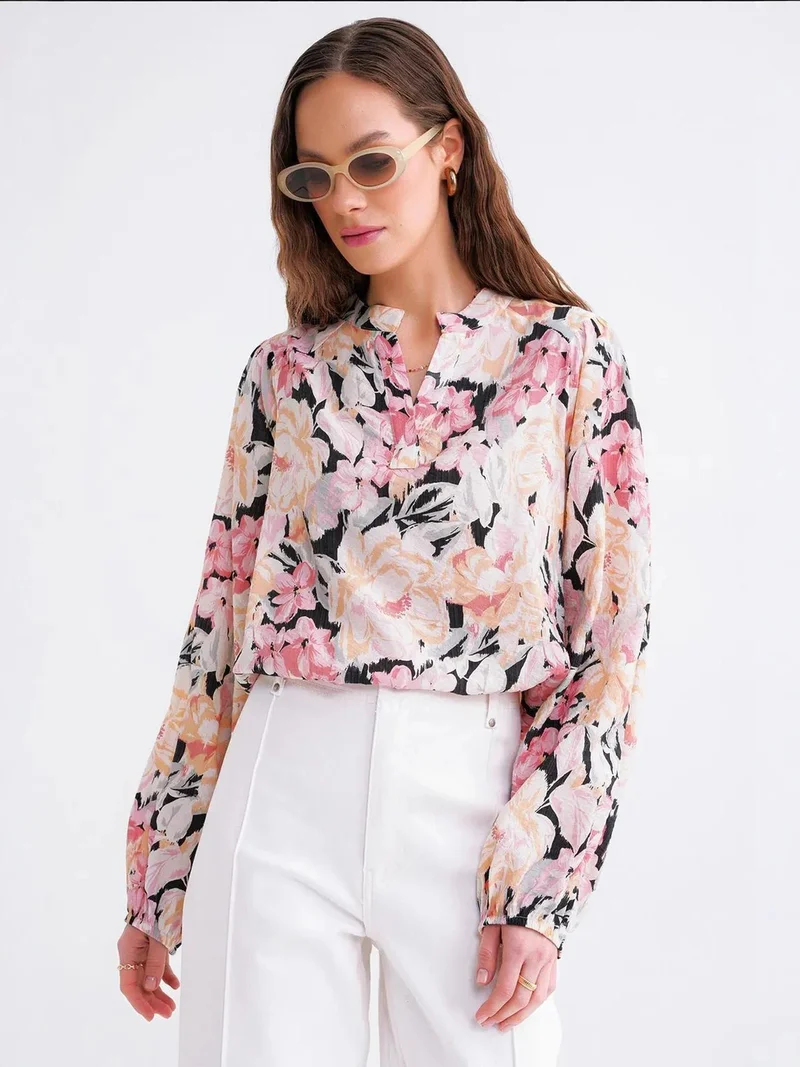 Floral Print Long Sleeve Mandarin Collar Blouse