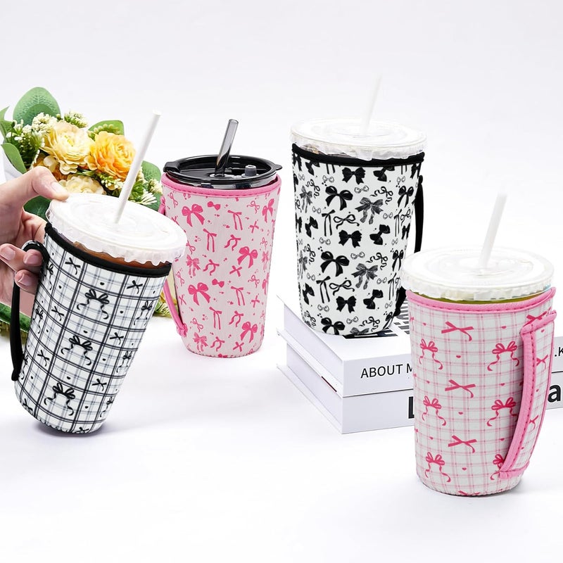 KJQJLY 4 Pack Iced Coffee Sleeve,reusable Neoprene Cup Sleeves Suitable For Beverage Sleeves For Hot And Cold Coffee Or Ice Drink Coffee cup sleeve for Starbucks coffee cup (Bows 22-24 OZ) - Image 5