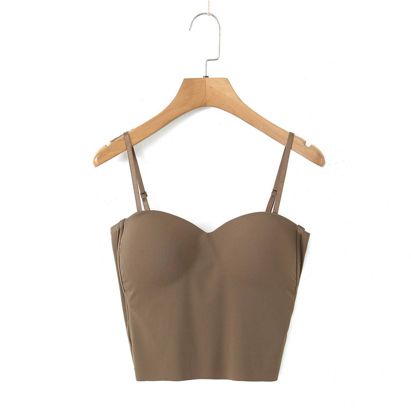 200 Jin Womens Ice Silk Traceless Camisole Gather Fixed Cup Underwear Fat MM Outer Wear Top Curry - Image 1