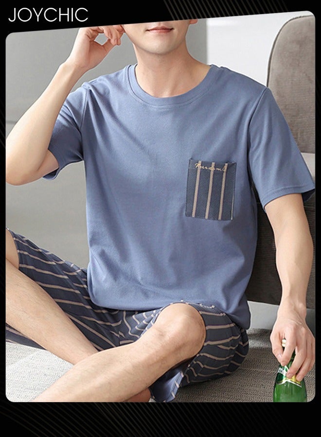 NIBEMINENT 2-piece Men's Summer Modal Cotton Silk Pajama Set Short-sleeved Short Pants Stripe Pattern Skin-friendly Breathable Home Sleepwear for Teenagers Men  - Image 1