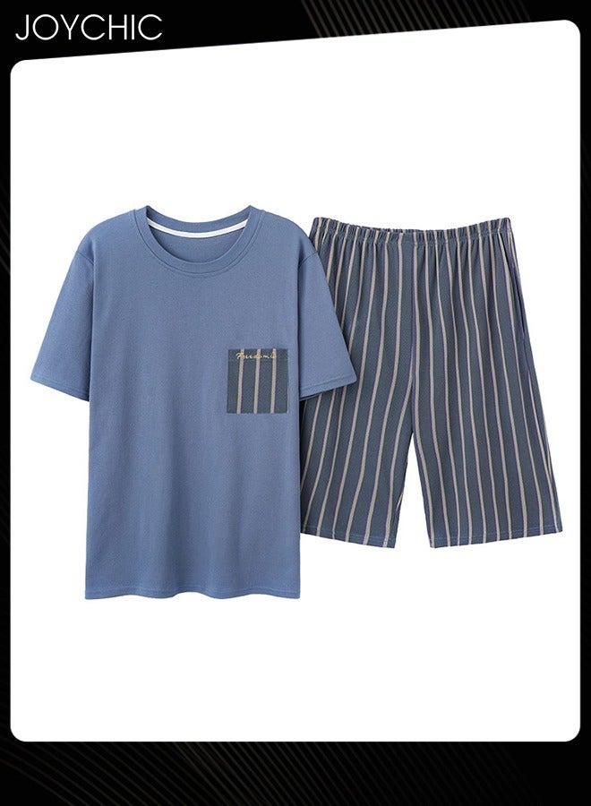 NIBEMINENT 2-piece Men's Summer Modal Cotton Silk Pajama Set Short-sleeved Short Pants Stripe Pattern Skin-friendly Breathable Home Sleepwear for Teenagers Men  - Image 4