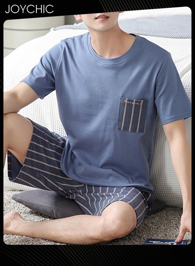 NIBEMINENT 2-piece Men's Summer Modal Cotton Silk Pajama Set Short-sleeved Short Pants Stripe Pattern Skin-friendly Breathable Home Sleepwear for Teenagers Men  - Image 3