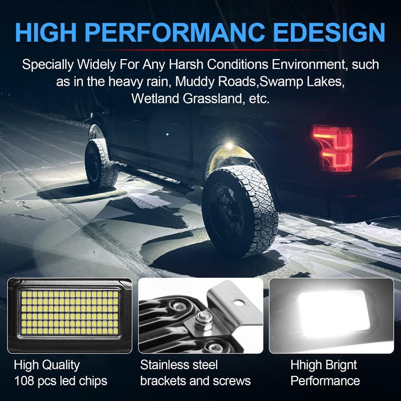 Nicoko 108 High-Power LEDs per Pod 4Pods Pure White Rock Lights Ultra-Bright Offroad Underglow Kit Advanced Heat Dissipation IP68 Waterproof for Truck, SUV, UTV, ATV, RZR - Image 5