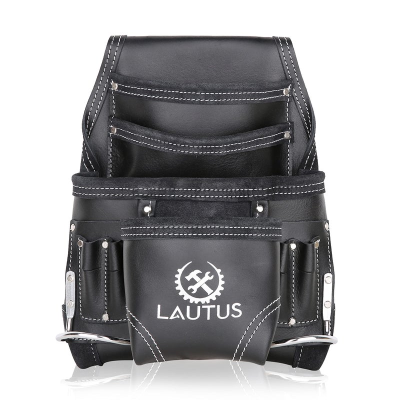 LAUTUS Oil Tanned Leather Tool Pouch Bag | Black | Carpenter, Construction, Framers, Handyman | 10 Pockets, 2 Hammer Holders | 100% Leather - Image 1