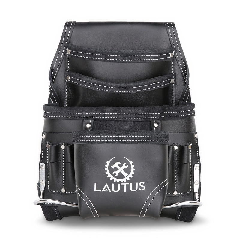 LAUTUS Oil Tanned Leather Tool Pouch Bag | Black | Carpenter, Construction, Framers, Handyman | 10 Pockets, 2 Hammer Holders | 100% Leather - Image 5