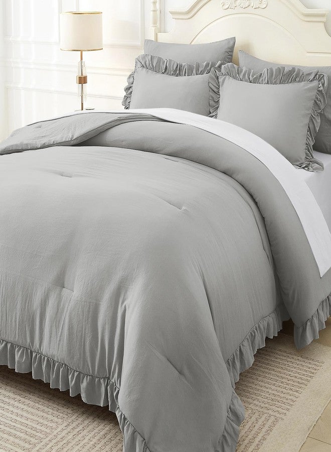 ARTALL Twin Comforter Set Reyna Ruffled Comforter Sets 2 Pieces with 1 Pillow Sham, Vintage Farmhouse Shabby Chic Bedding Soft Fluffy Comforter Set All Season for Teens and Girls, Light Grey - Image 1