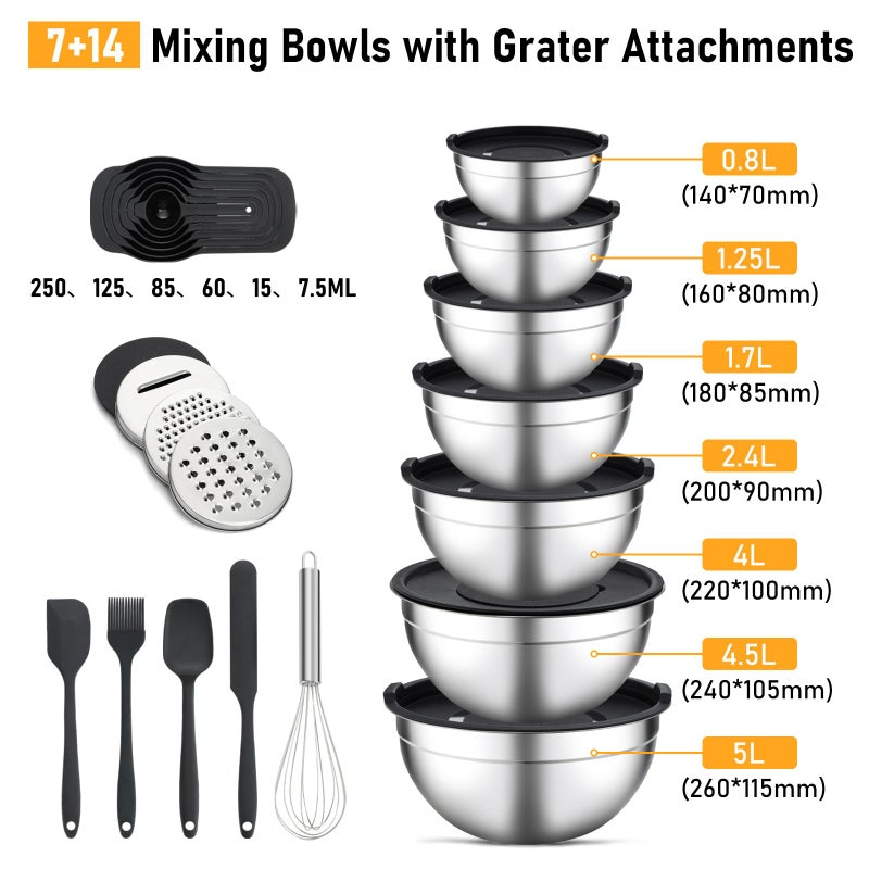 Unokit Mixing Bowls with Lids Set - 16 Pcs Stainless Steel Nesting Mixing Bowls with Grater Attachments, Mixing Bowl Set for Multi Mixing & Serving - Image 2