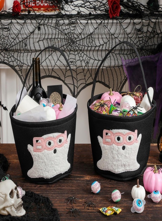 Inough Halloween Basket Ghost Bucket for Kids, Cute Trick or Treat Baskets Bag with Embroidery, Girl Spooky Candy Buckets Foldable Ghost Buckets Gift Baskets Empty for Halloween Party Decorations (Pink) - Image 3