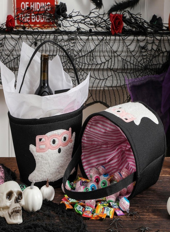 Inough Halloween Basket Ghost Bucket for Kids, Cute Trick or Treat Baskets Bag with Embroidery, Girl Spooky Candy Buckets Foldable Ghost Buckets Gift Baskets Empty for Halloween Party Decorations (Pink) - Image 4