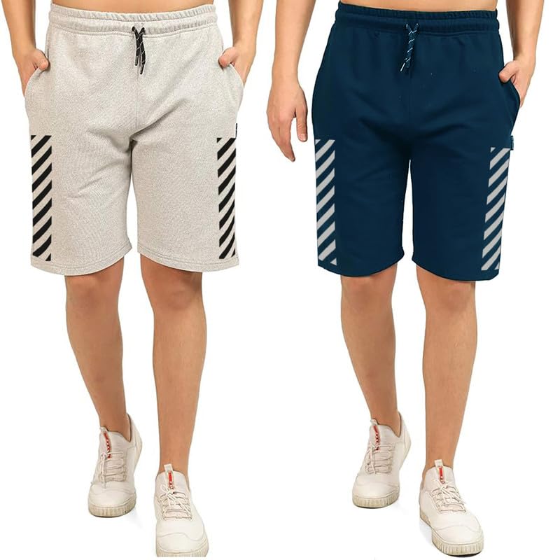 hotfits Men's Grey & Blue Cotton Knee Length Casual Shorts- (S,M,L,XL,XXL,3XL,4XL,5XL,6XL) Plus Sizes Workout Shorts, Running Shorts with 2 Side Pockets-L - Image 1