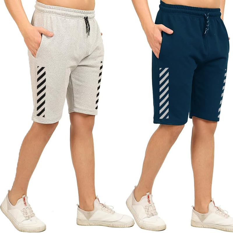 hotfits Men's Grey & Blue Cotton Knee Length Casual Shorts- (S,M,L,XL,XXL,3XL,4XL,5XL,6XL) Plus Sizes Workout Shorts, Running Shorts with 2 Side Pockets-L - Image 2