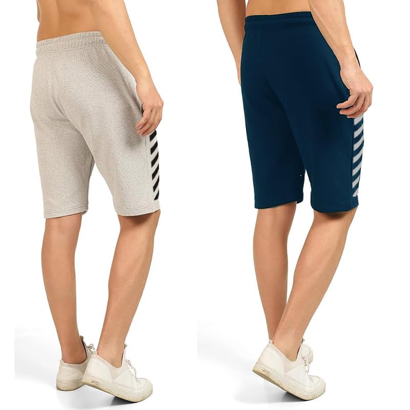 hotfits Men's Grey & Blue Cotton Knee Length Casual Shorts- (S,M,L,XL,XXL,3XL,4XL,5XL,6XL) Plus Sizes Workout Shorts, Running Shorts with 2 Side Pockets-L - Image 3