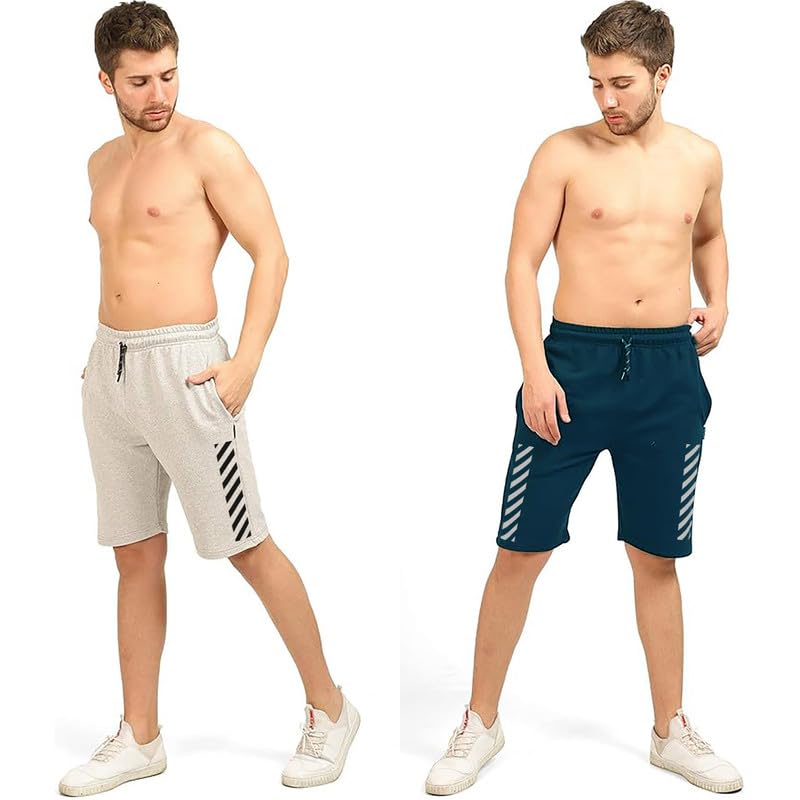 hotfits Men's Grey & Blue Cotton Knee Length Casual Shorts- (S,M,L,XL,XXL,3XL,4XL,5XL,6XL) Plus Sizes Workout Shorts, Running Shorts with 2 Side Pockets-L - Image 4