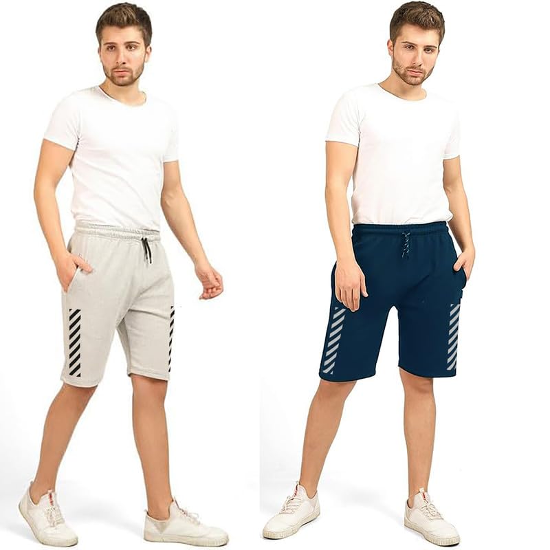 hotfits Men's Grey & Blue Cotton Knee Length Casual Shorts- (S,M,L,XL,XXL,3XL,4XL,5XL,6XL) Plus Sizes Workout Shorts, Running Shorts with 2 Side Pockets-L - Image 5