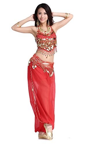 ZLTdream Lady's Belly Dance Chiffon Banadge Top and Lantern Coins Pants Red, One Size - Image 2