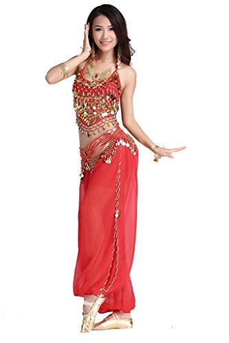 ZLTdream Lady's Belly Dance Chiffon Banadge Top and Lantern Coins Pants Red, One Size - Image 5