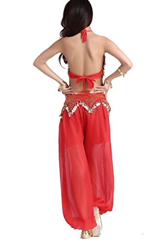 ZLTdream Lady's Belly Dance Chiffon Banadge Top and Lantern Coins Pants Red, One Size - Image 3