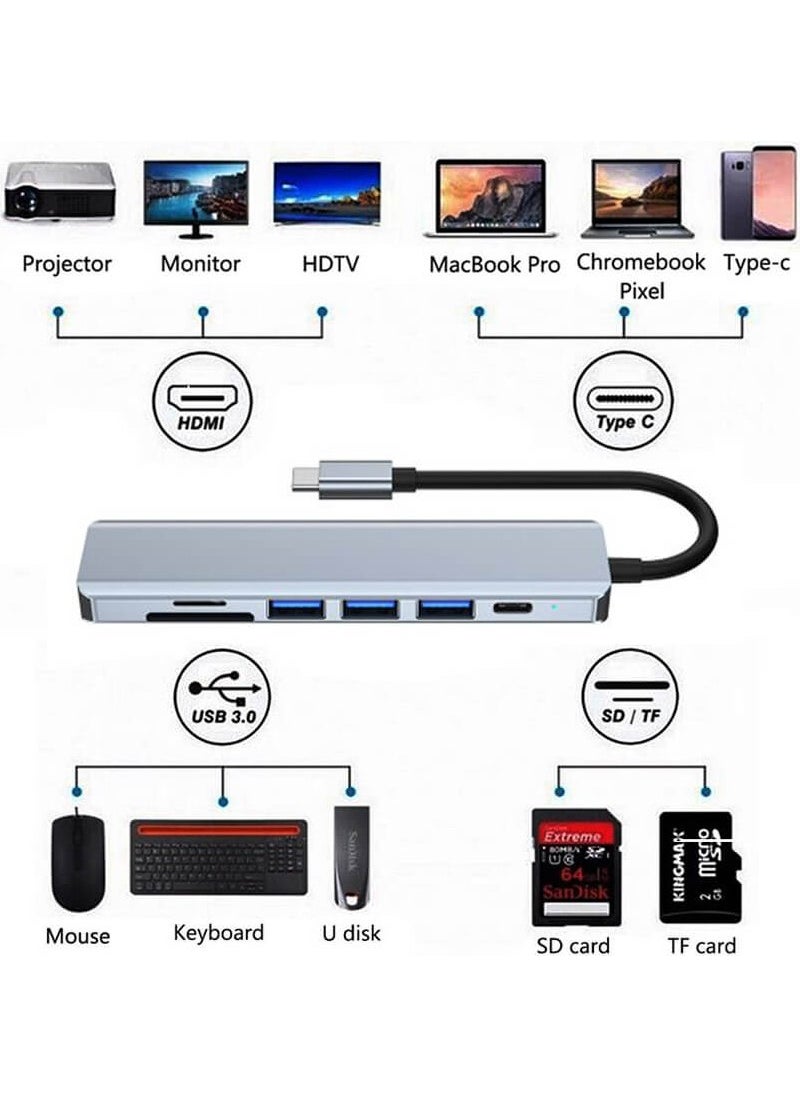 Wozlo - USB Type-C To 4K@30Hz HDMI Cable + SD/TF Card Reader + Usb3.0 + 2xusb2.0 + Pd 87W Converter Cable - Image 1