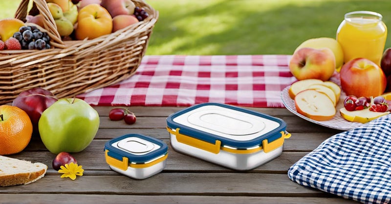 RJ kitchenware Store Lunch Box Stainless Steel Airtight Leak-Proof Lid,Snacks Tiffin for Kids Office,School,Picnic&Travelling,800+300 Ml (Blue Yellow Dubble Tone) Model-Everich-RJKS-895 - Image 2