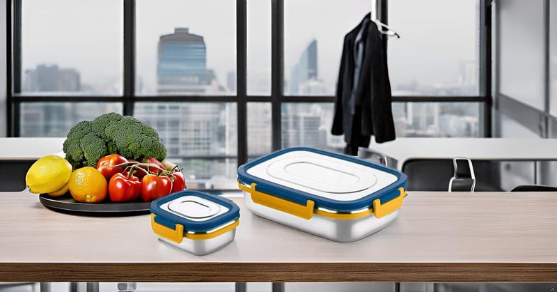 RJ kitchenware Store Lunch Box Stainless Steel Airtight Leak-Proof Lid,Snacks Tiffin for Kids Office,School,Picnic&Travelling,800+300 Ml (Blue Yellow Dubble Tone) Model-Everich-RJKS-895 - Image 4