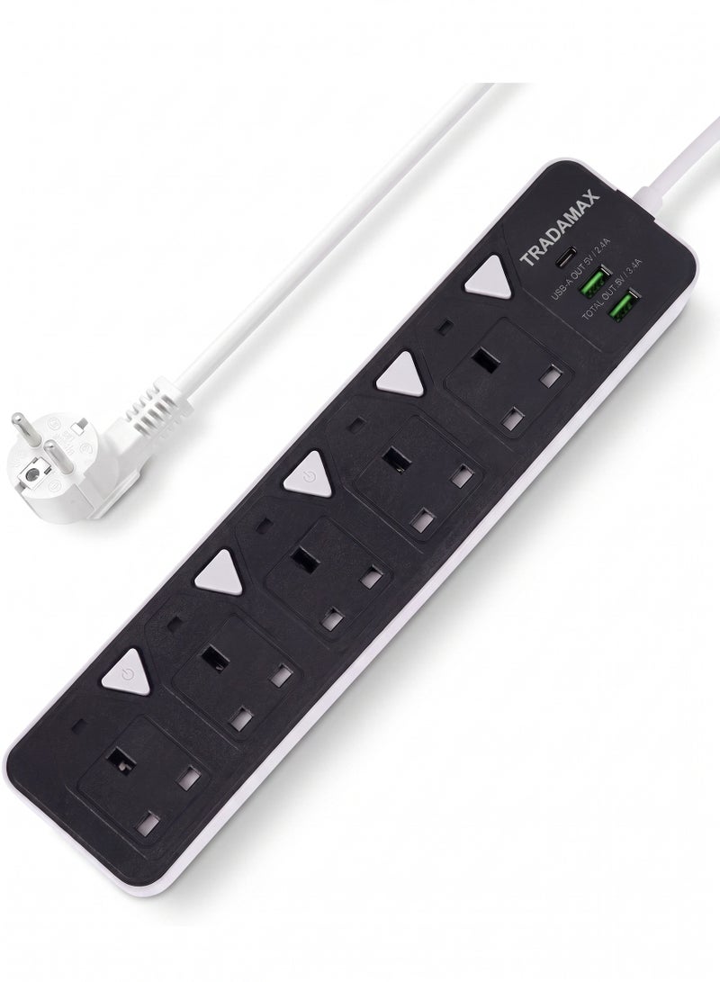 تراداماكس مشترك كهرباء 5 مخارج مع منفذي USB وكابل 3 متر – قدرة 2000 وات - Image 1