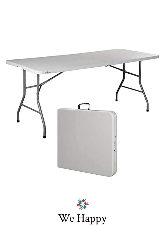 وي هابي We Happy 180 CM طاولة قابلة للطي طاولة بلاستيكية شديدة التحمل قابلة للطي للمناسبات الداخلية والخارجية نزهات حفلات الزفاف BBQ Catering طاولة طعام الحديقة المحمولة - أبيض 6ft - Image 1