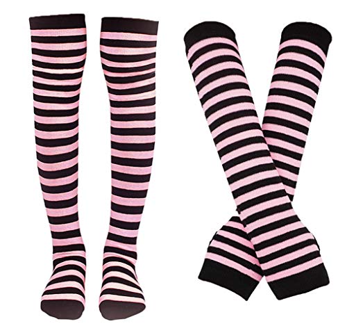 Bienvenu Colorful Rainbow Stripe Leggings Long Knit Gloves Socks Set Party Costume Accessory,Pink - Image 5