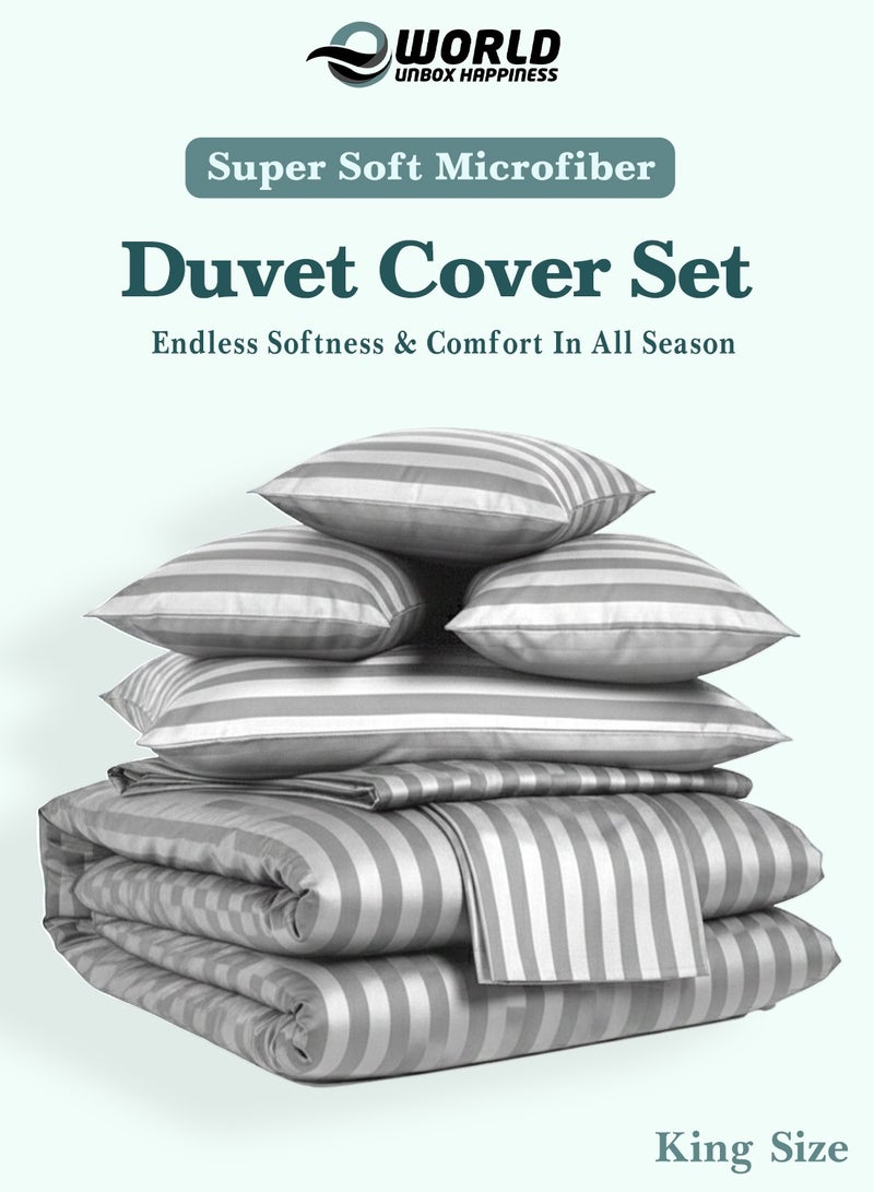 Eworld Premium Striped Duvet Set All Season – 6-Pieces Set Grey | King Size 220x240 cm | Ultra-Soft, Wrinkle-Resistant & Made in Dubai | Includes Duvet Cover, Fitted Sheet (200x200 cm) & 4 Pillowcases (50x70 cm) - Image 3