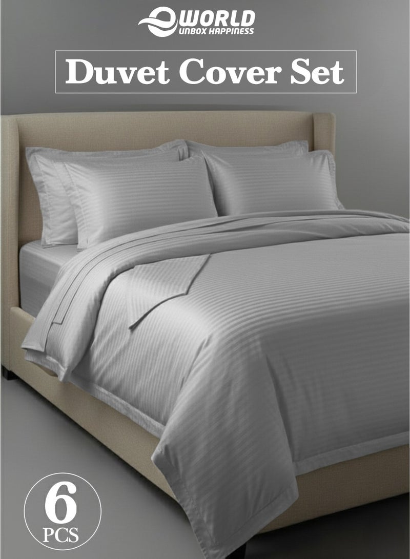 Eworld Premium Striped Duvet Set All Season – 6-Pieces Set Grey | King Size 220x240 cm | Ultra-Soft, Wrinkle-Resistant & Made in Dubai | Includes Duvet Cover, Fitted Sheet (200x200 cm) & 4 Pillowcases (50x70 cm) - Image 1