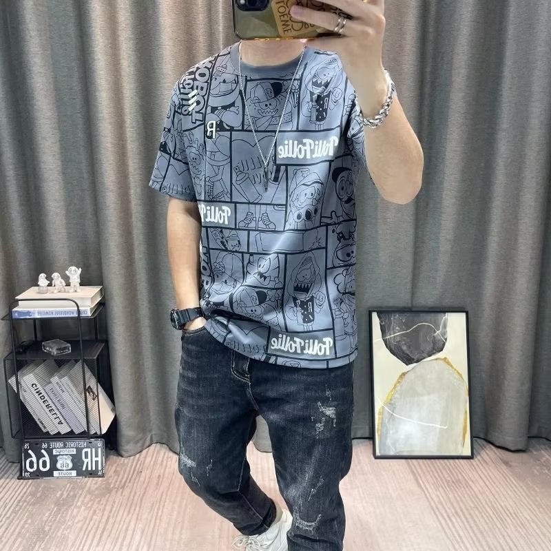 Trendy Fashion Brand Printed Crewneck Short-Sleeved T-Shirt New Youth Popular Men'S Summer T-Shirt Short-Sleeved - Image 3