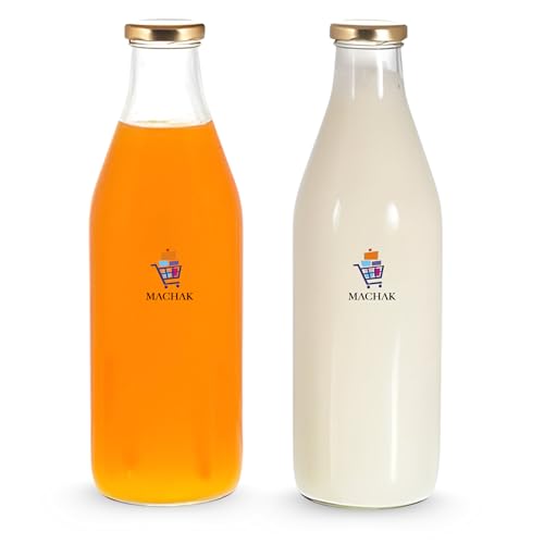 MACHAK Glass Water Bottle | Golden Cap Leak Proof Glass Bottles for Fridge, Juice, Milk, Smoothies, Office & Home Use | Transparent detox water bottle glass 1 Litre, (Set of 2) - Image 1
