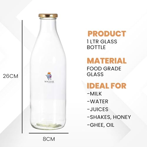 MACHAK Glass Water Bottle | Golden Cap Leak Proof Glass Bottles for Fridge, Juice, Milk, Smoothies, Office & Home Use | Transparent detox water bottle glass 1 Litre, (Set of 2) - Image 2