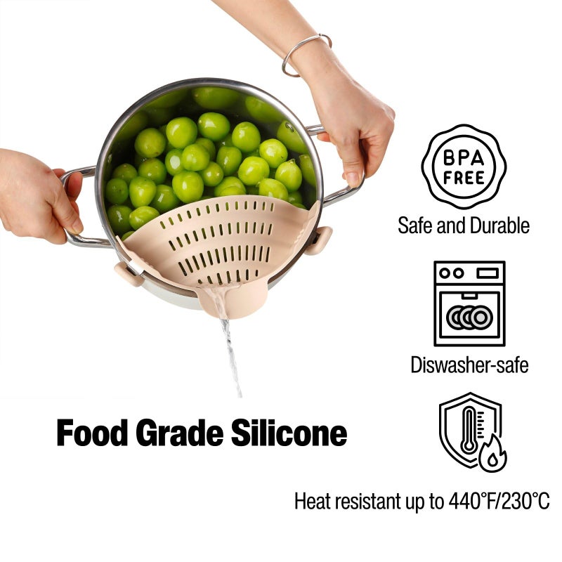 Emptycolor Silicone Pot Strainer, Emptycolor Adjustable Clip On Strainer for Pots Pans, Heat Resistant Pot Drainer, Kitchen Pasta Colander for Vegetables and Noodles (Light Tan) - Image 3