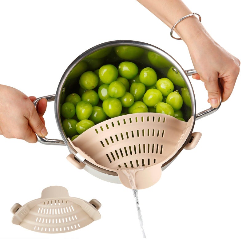 Emptycolor Silicone Pot Strainer, Emptycolor Adjustable Clip On Strainer for Pots Pans, Heat Resistant Pot Drainer, Kitchen Pasta Colander for Vegetables and Noodles (Light Tan) - Image 1