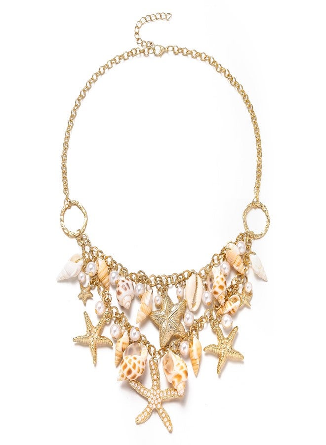 بريلوف قلادة بريلوف بوهيمية مصنوعة يدويًا من اللؤلؤ الصناعي، مستوحاة من الصدف الطبيعي ونجم البحر، بتصميم أنيق وجريء، مثالية كإكسسوار صيفي أنيق للشاطئ، بلون ذهبي شفاف. - Image 1