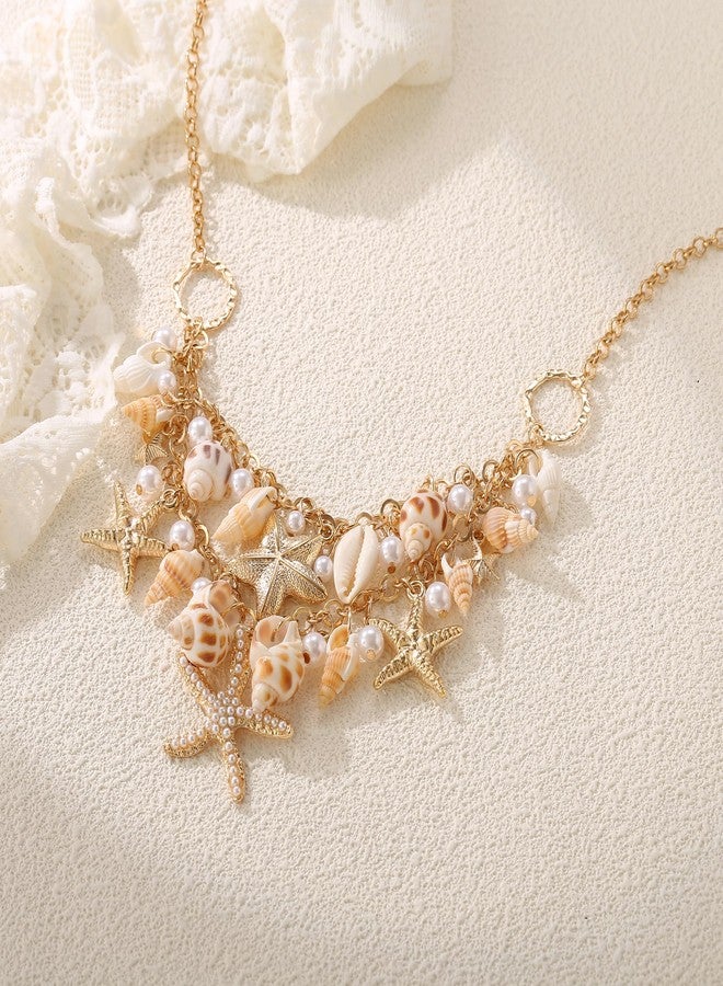 بريلوف قلادة بريلوف بوهيمية مصنوعة يدويًا من اللؤلؤ الصناعي، مستوحاة من الصدف الطبيعي ونجم البحر، بتصميم أنيق وجريء، مثالية كإكسسوار صيفي أنيق للشاطئ، بلون ذهبي شفاف. - Image 5