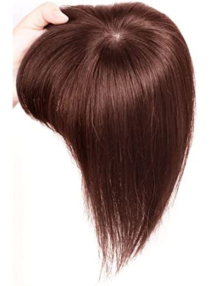 Estelle 100% Human Hair Toupee Clip in Human Hair Pieces With Bangs Silk Base Crown Top Toppers Fringe for Loss Thinning Hair Replacement Extentions for Straight Hair (Yellowish Brown) - Image 1