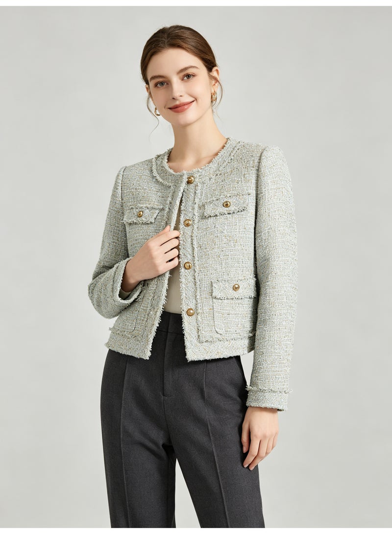 زارا ZARA Women Round Neck Tweed Jacket, Elegant Fringe Trim Cropped Blazer, Gold Buttons Multi Pockets Long Sleeve Classic Tweed Coat for Ladies - Image 5