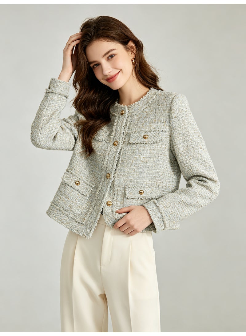 زارا ZARA Women Round Neck Tweed Jacket, Elegant Fringe Trim Cropped Blazer, Gold Buttons Multi Pockets Long Sleeve Classic Tweed Coat for Ladies - Image 1