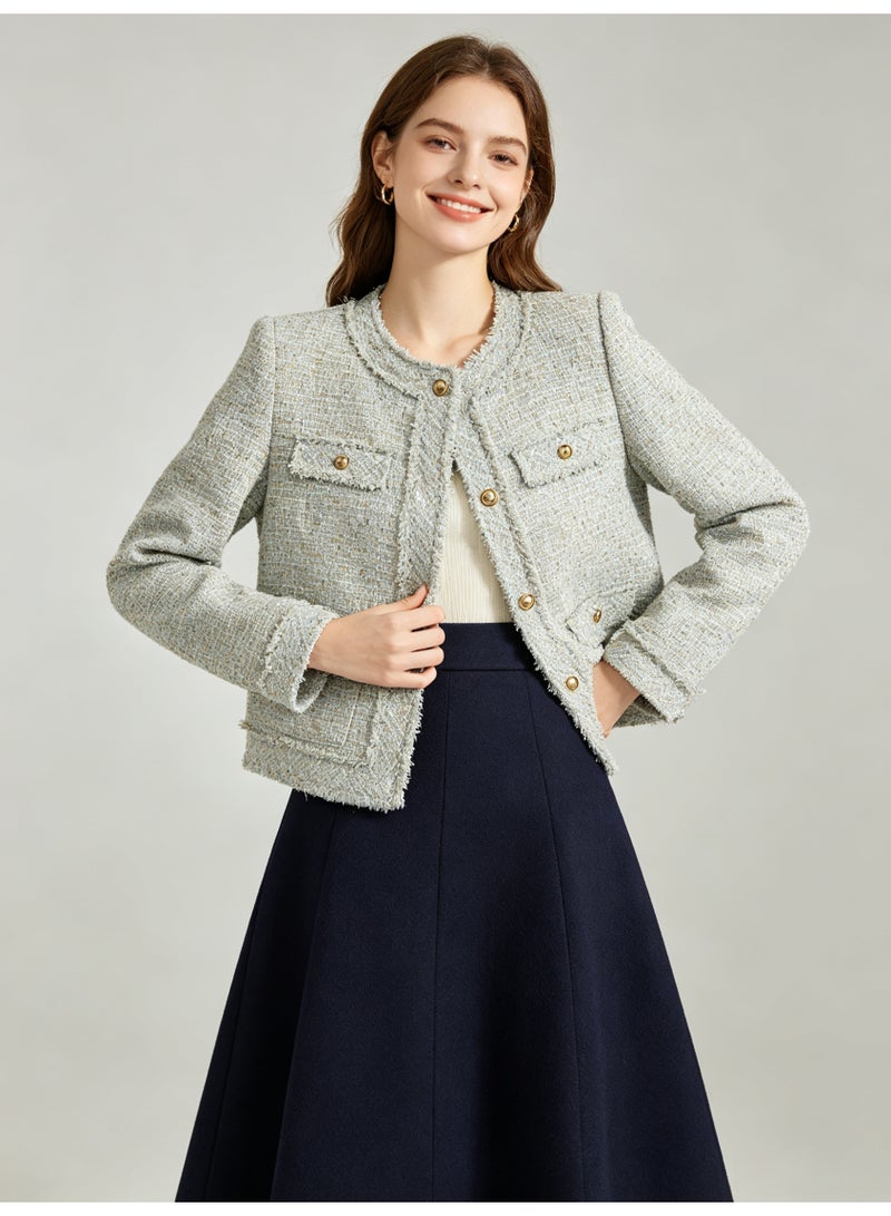 زارا ZARA Women Round Neck Tweed Jacket, Elegant Fringe Trim Cropped Blazer, Gold Buttons Multi Pockets Long Sleeve Classic Tweed Coat for Ladies - Image 4