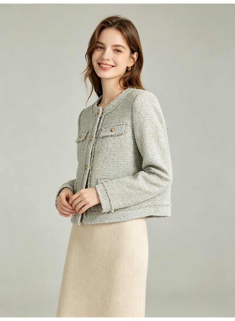 زارا ZARA Women Round Neck Tweed Jacket, Elegant Fringe Trim Cropped Blazer, Gold Buttons Multi Pockets Long Sleeve Classic Tweed Coat for Ladies - Image 3
