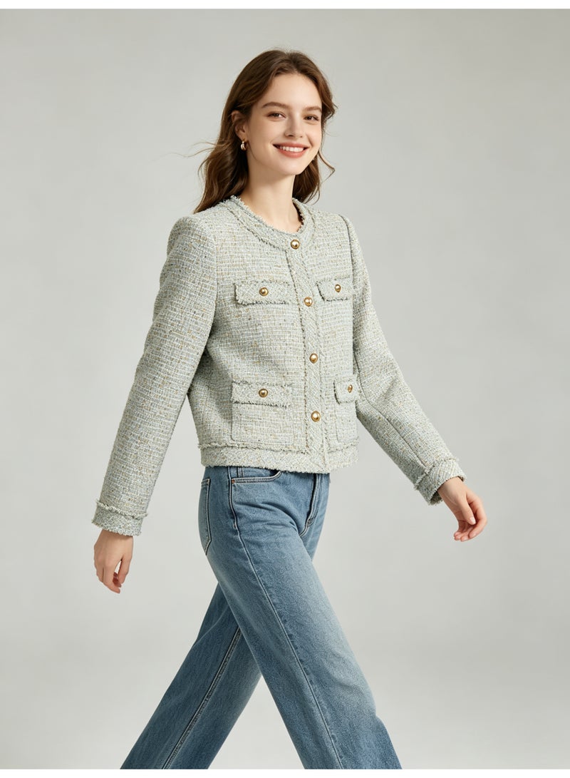 زارا ZARA Women Round Neck Tweed Jacket, Elegant Fringe Trim Cropped Blazer, Gold Buttons Multi Pockets Long Sleeve Classic Tweed Coat for Ladies - Image 2