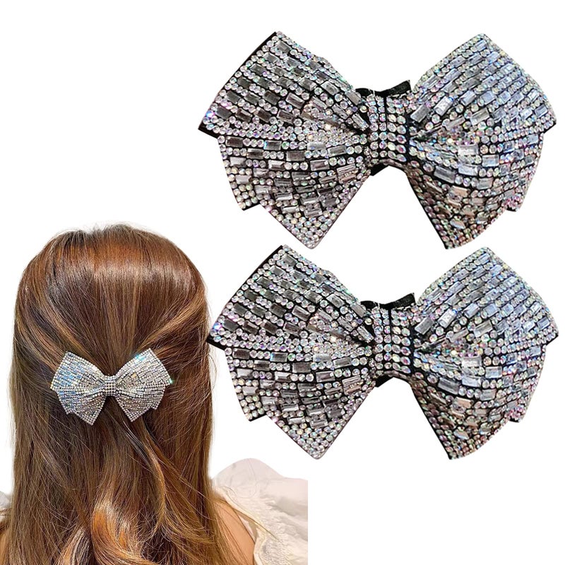 DAONACO Hair Clip, Grey Rhinestone Crystal Bowknot Ponytail Holder, 2 Count, for Women's Thick Hair, Hair Jewelry Accessories - Image 5