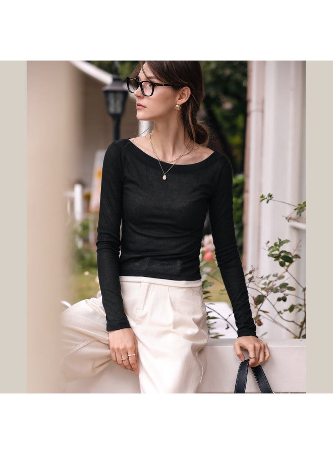 Olrain Black Long-Sleeve T-Shirt For Women New Fashion, Off-Shoulder, High-Elastic Knit Top, White, Xl - Image 3