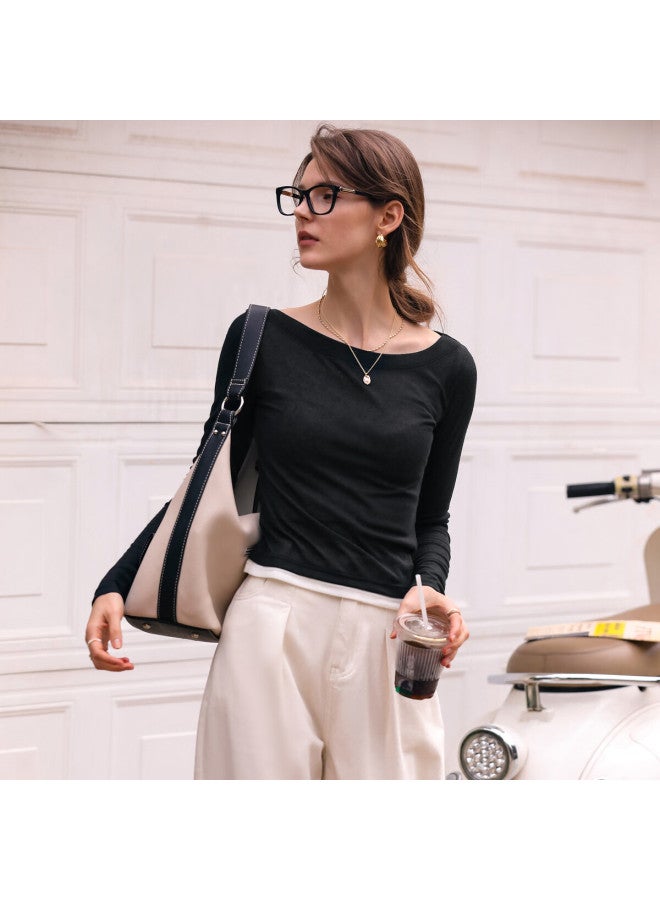 Olrain Black Long-Sleeve T-Shirt For Women New Fashion, Off-Shoulder, High-Elastic Knit Top, White, Xl - Image 4