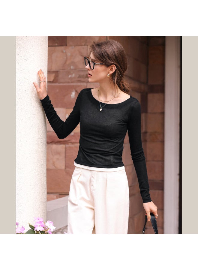 Olrain Black Long-Sleeve T-Shirt For Women New Fashion, Off-Shoulder, High-Elastic Knit Top, White, Xl - Image 2